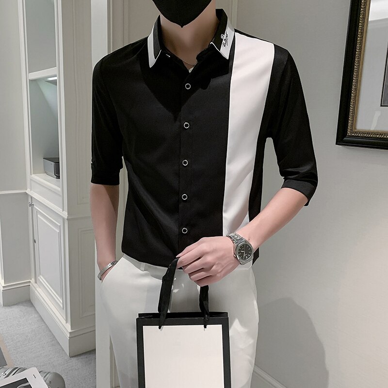 Patchwork Color Half Sleeve Men Casual Shirts Dress Streetwear Spring Summer Slim Fit Club Tuxedo Camisas De Hombre
