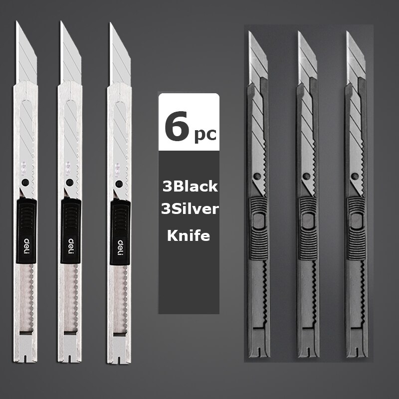 Deli Portable Aluminum Alloy Utility Knife 9MM нож Pocket Paper Unboxing Cutter with Metal Blade Self-locking Sharp Angle: 3Black 3Silver Knife