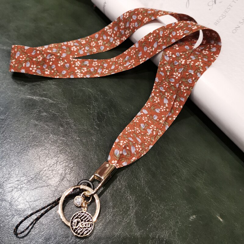 Zomer Bloemenprint Zijde Telefoon Lanyard Riem Voor Iphone Redmi Samsung Camera Mobiele Telefoon Id-kaart Lange Opknoping Touw String: dark orange