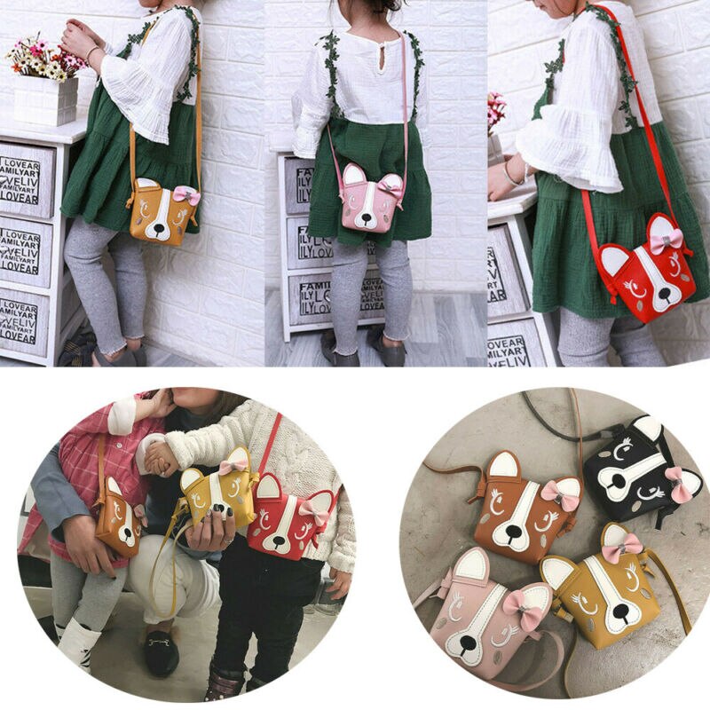 Kids Girl Crossbody Mini Shoulder Bag PU Leather Cute Dog Bowknot Kids Girls Casual Messenger Bags Handbag