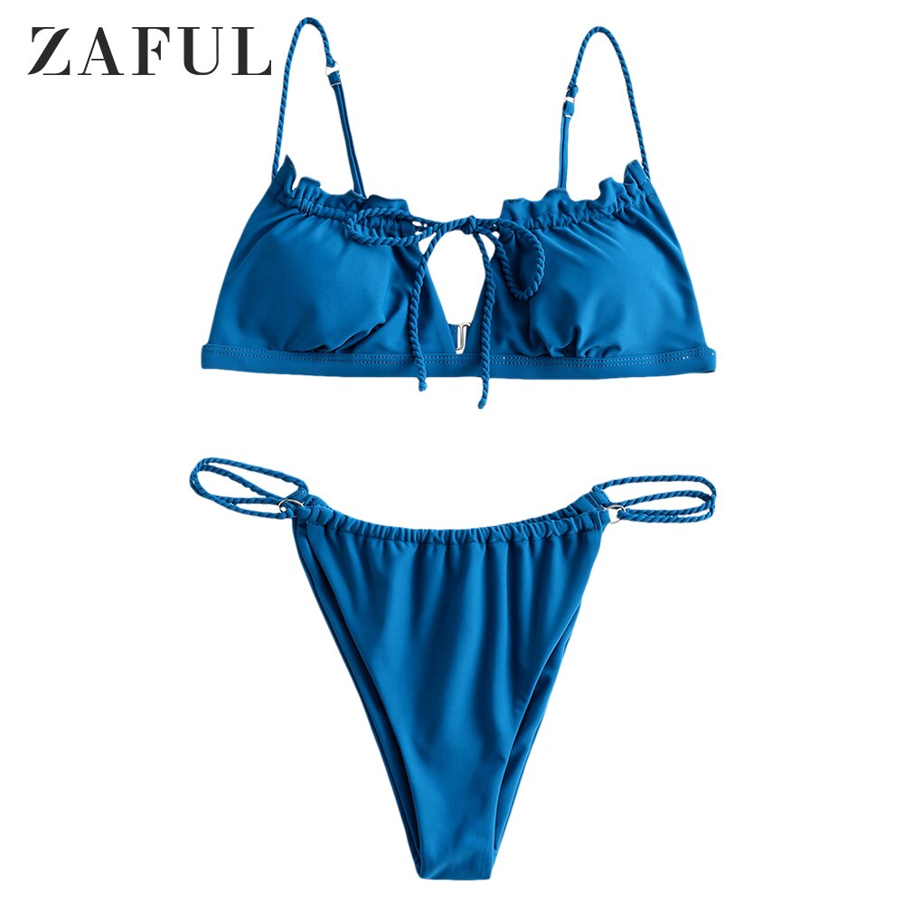 ZAFUL-Conjunto de Bikini con lazo trenzado para mujer, conjunto de Bikini femenino de tela brillante, trajes de baño sólidos azules, ropa de playa de verano,: Ocean Blue / S