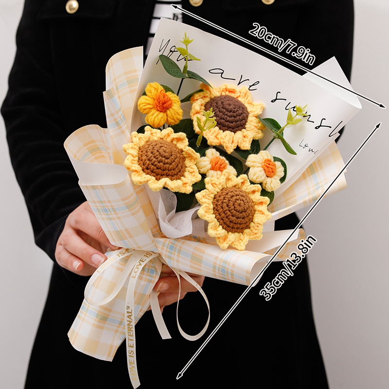 Ramo de ganchillo, ramo de flores para graduación, flor Artificial tejida, de boda, girasol acabado, graduación, de regreso a la escuela: BLANCO