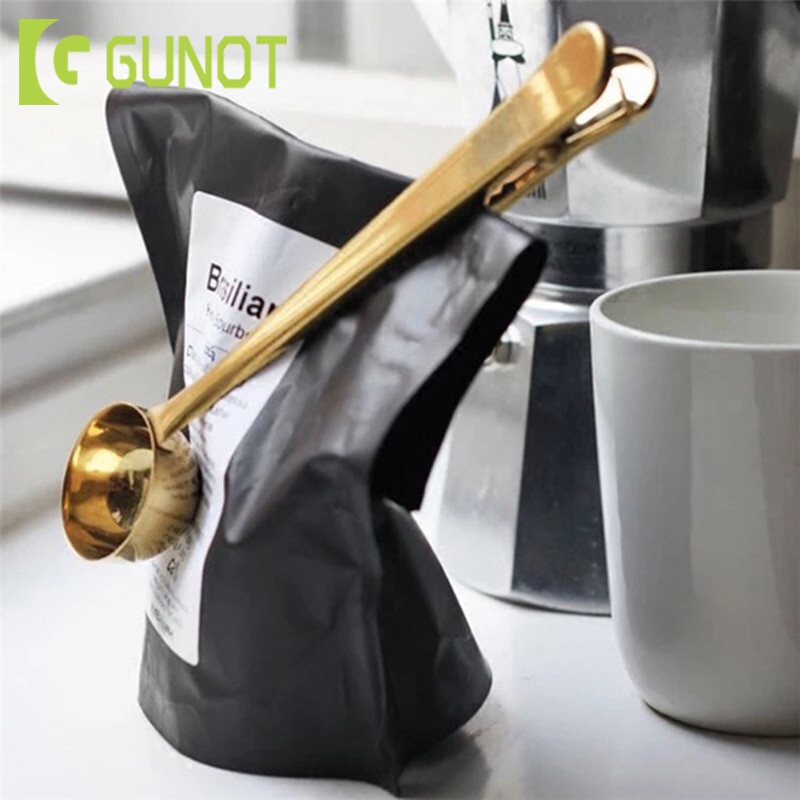 Gunot Twee-In-een Multifunctionele Koffie Lepel Roestvrij Staal Keuken Benodigdheden Scoop Met Zak Afdichting Clip Koffie Meten lepel