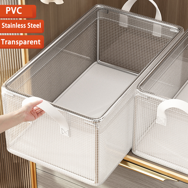 Cesta de almacenamiento transparente de PVC para ropa, caja de almacenamiento de ropa interior, marco de acero inoxidable, organizador de guardarropa, caja de tela impermeable