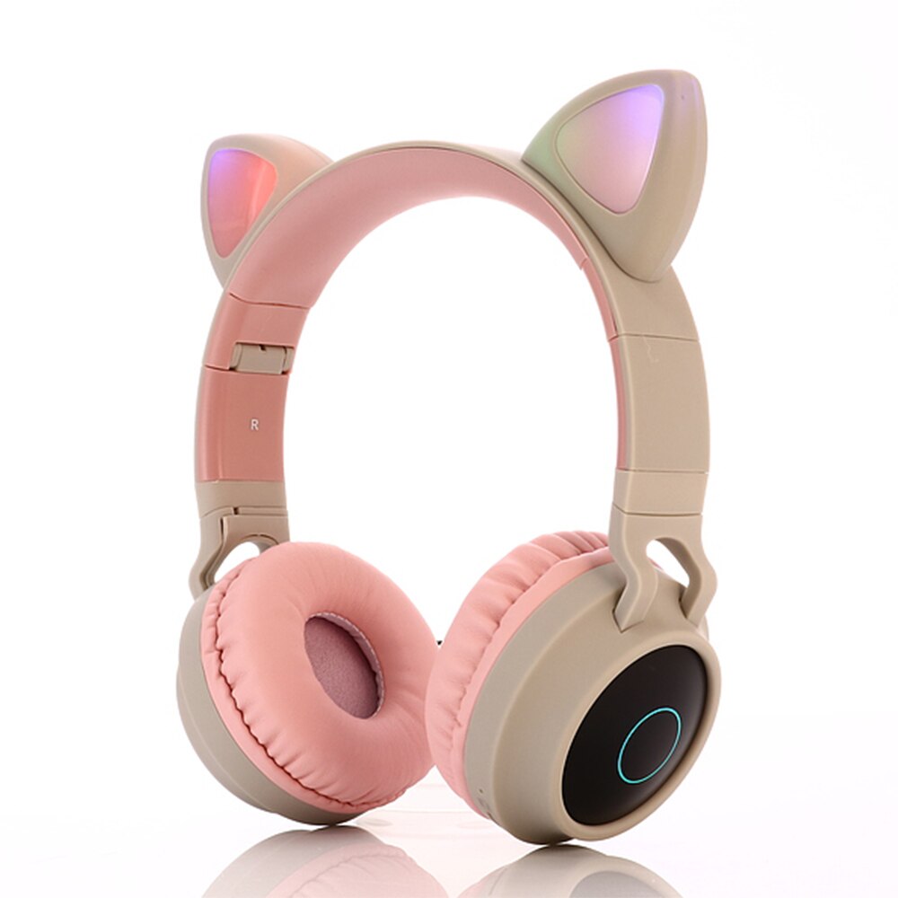 Auriculares inalámbricos con luz LED para teléfono móvil, audífonos con Bluetooth 5,0, auriculares de música estéreo para chica e hija, PC, Oreja de Gato: Pink Grey (no box)