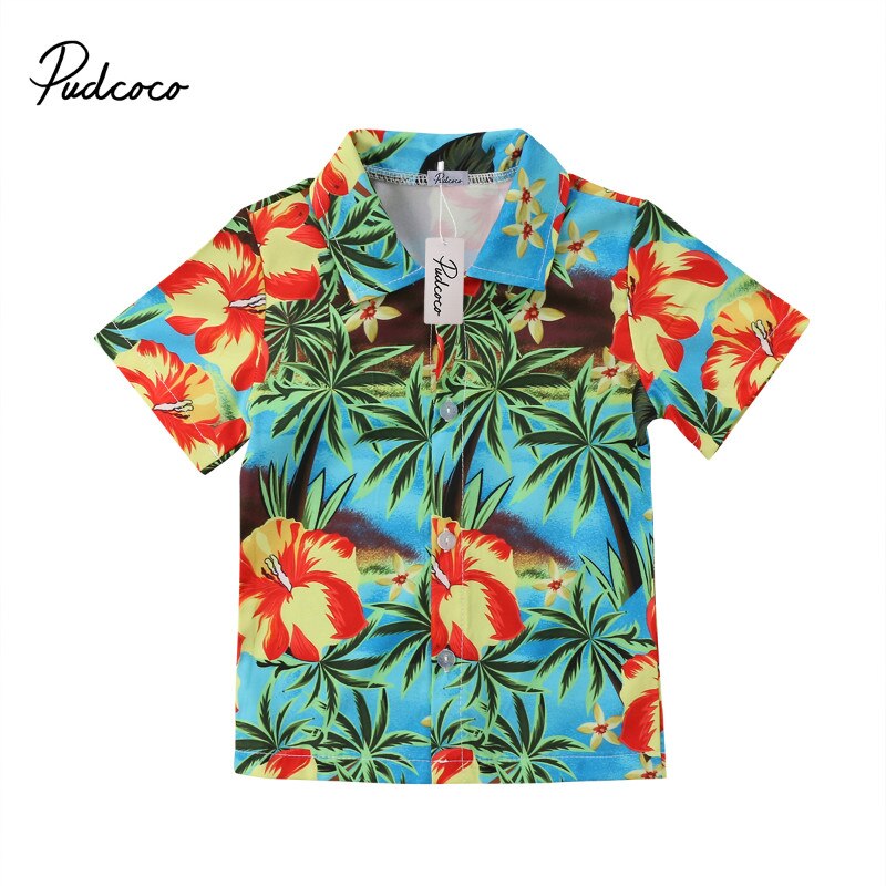 Camisa havaiana estilo pudcoco 2018 para crianças, camiseta de verão para meninos com estampa de coqueiro e flores, roupa de praia casual para meninos: 24 m