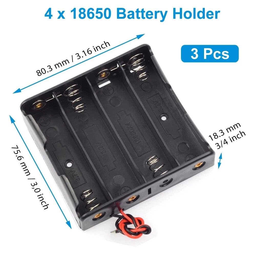 Caja porta baterías 18650, 1 ranura, caja de almacenamiento de batería de 3,7 V, contenedor de plástico de 1/2/3/4 celdas con conexión de cables negros y rojos, 3 uds.: Negro