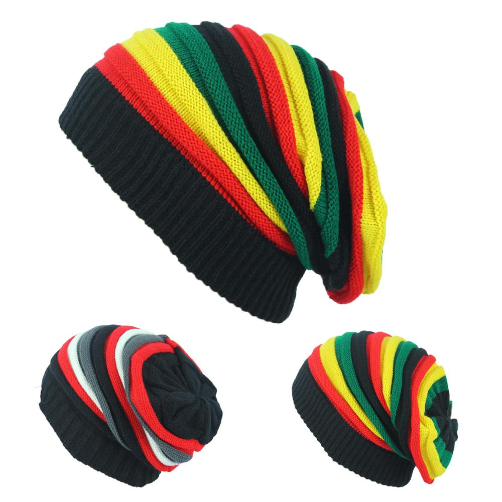 Bonnet Rasta pour hommes et femmes, Bonnet tricoté pour dames, style Hip Hop, Patchwork, à rayures, Ski, Hiver