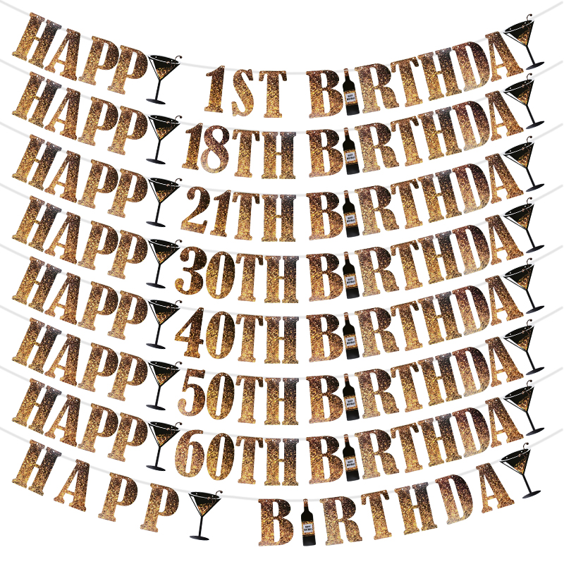 Guirnalda de papel para de cumpleaños de adultos, pancarta de color dorado y negro, de cumpleaños colgante para decoración, 18, 21, 30, 40 y 50 años