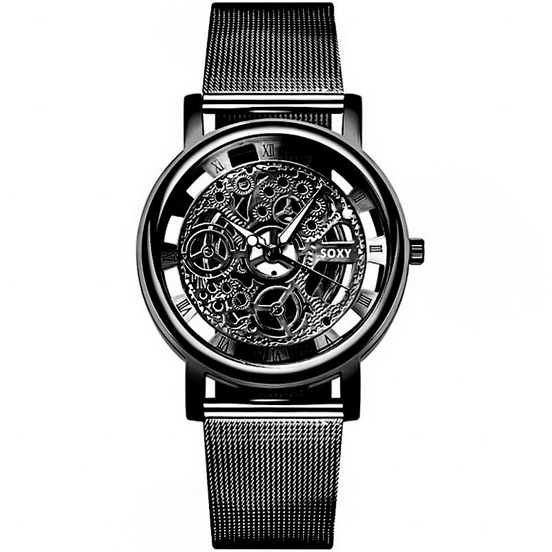 Kvinnor män klocka gravyr ihålig reloj hombre klänning kvarts armbandsur rostfritt stål band band kvinnor klocka relojes mujer: Svart