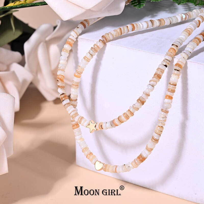 Moon girl golden star choker necklace for women jewelry uses stainless steel chain and 4mm shell beads