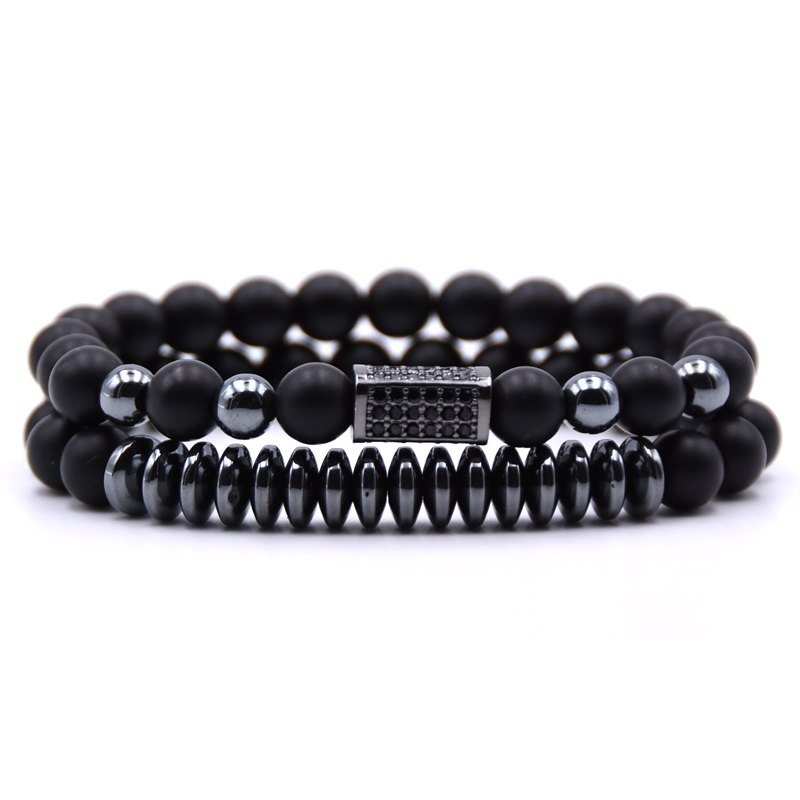 2 pçs/set Micro Pave CZ Longo praça Encantos Pulseiras para mulheres dos homens 8 milímetros Fosco contas de pedra Pulseira de homens jóias presentes: 4