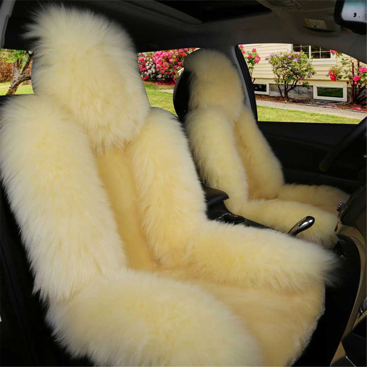 Auto Seat Cover Lange Wollen Front Seat Cover Universele Auto Zitkussen Winter Warm Furry Fluffy Auto Voorste Rij seat Hoes: Beige