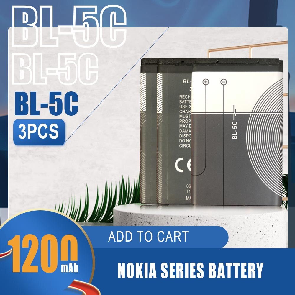3PCS 1200mAh Battery BL-5C BL5C BL 5C Li-ion Lithium Batteries For Nokia 2280 2300 2600 2610 3100 3105 3120 Replacement cell