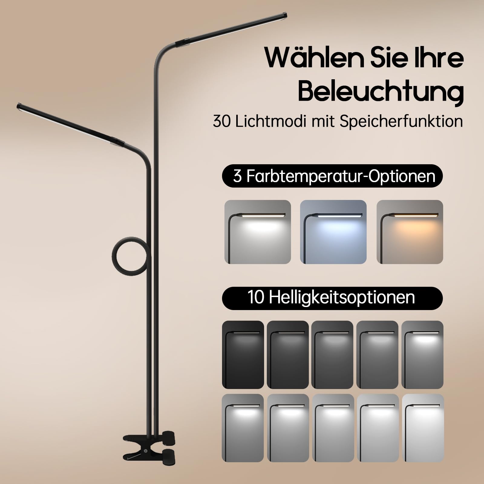 Lampada da lettura dimmerabile con clip a doppia testa con lampada da scrivania a clip USB a LED 3 temperature di colore 10 luminosità
