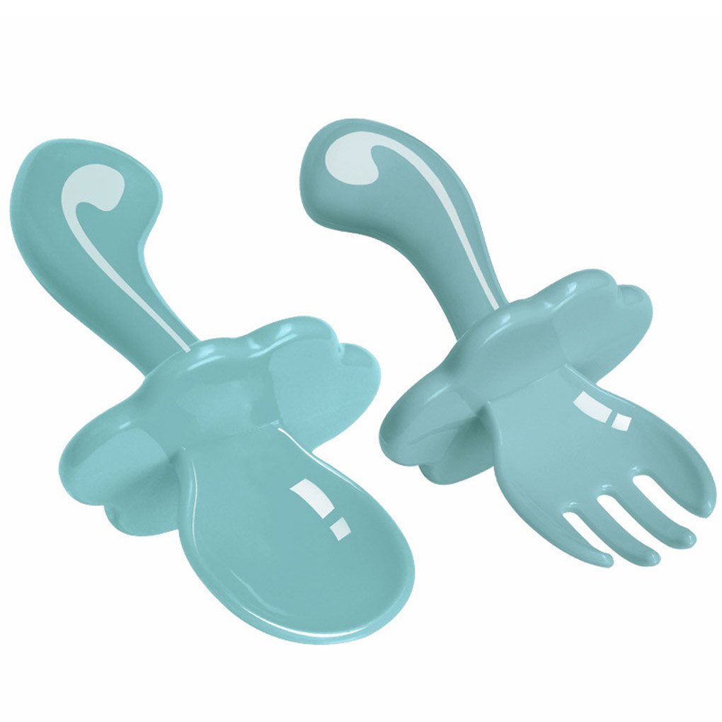 2 stuks korte steel lepel + vork set effen kleur baby training lepel veiligheid pp kinder servies wolk vork lepel set: En