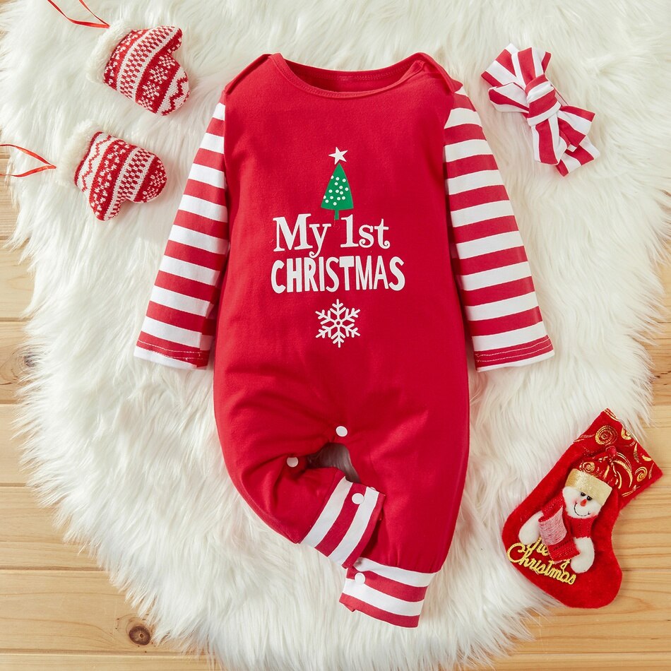 PatPat 2020 Nuovo Arrivo 2-pezzo Del bambino Di Natale A Righe Tuta con impostato fascia Del bambino Della Ragazza e del Ragazzo Vestiti: 0-3 Months