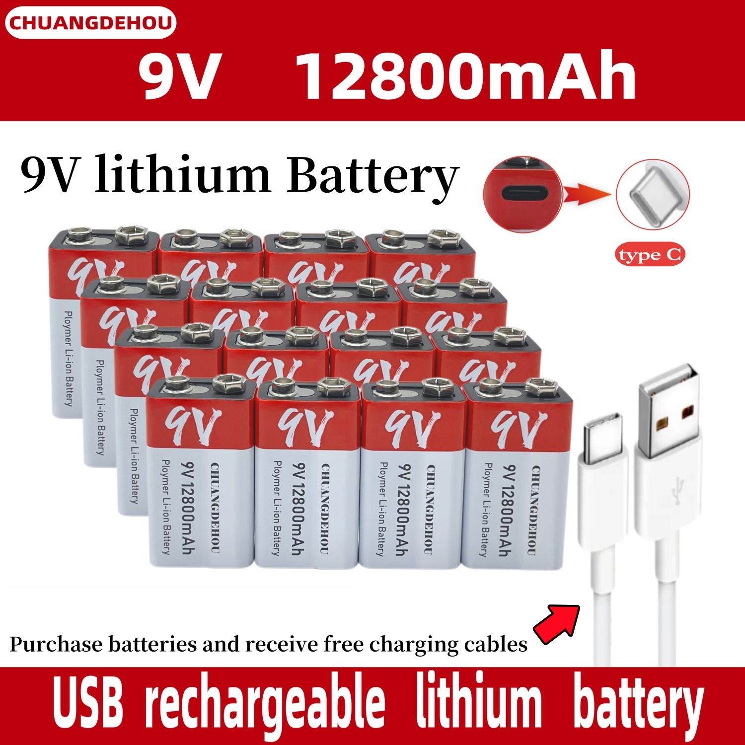 9V Lithium Battery 12800Mah Large Capacity Usb-C Fast Charging Red and White Warning Suitable for Smoke Alarm Multimeter Anti-Leakage and Explosion-Proof Recyclable Charging Ultra-Long Battery Life and Durable