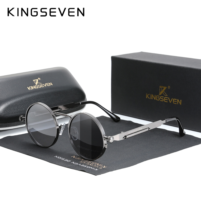 KINGSEVEN Gothic Steampunk Sunglasses Polarized Men Women Brand Vintage Round Metal Frame Sun Glasses: Gradient Gray