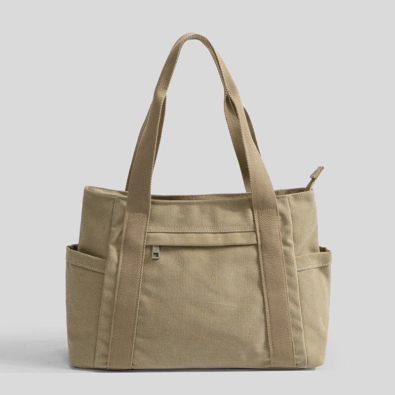 A4 Lege Vrouwelijke Schouder Canvas Tas Grote Vrouwen Canvas Tote Bag Met Rits China Mode Grote Stof Doek Tassen voor Vrouwen: brown
