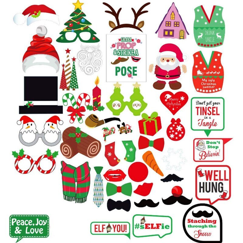 Christmas Photograph Props For Carnival Year Party Photo Booth Decos Paper Beard Lips Decorations Accessories: 47pcs
