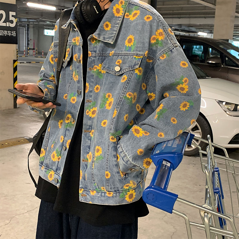 Efterår koreansk blomst denim jakke herre & #39 ;s afslappet retro denim jakker herre streetwear vild løs hip-hop bomber jakke herre: Xxl