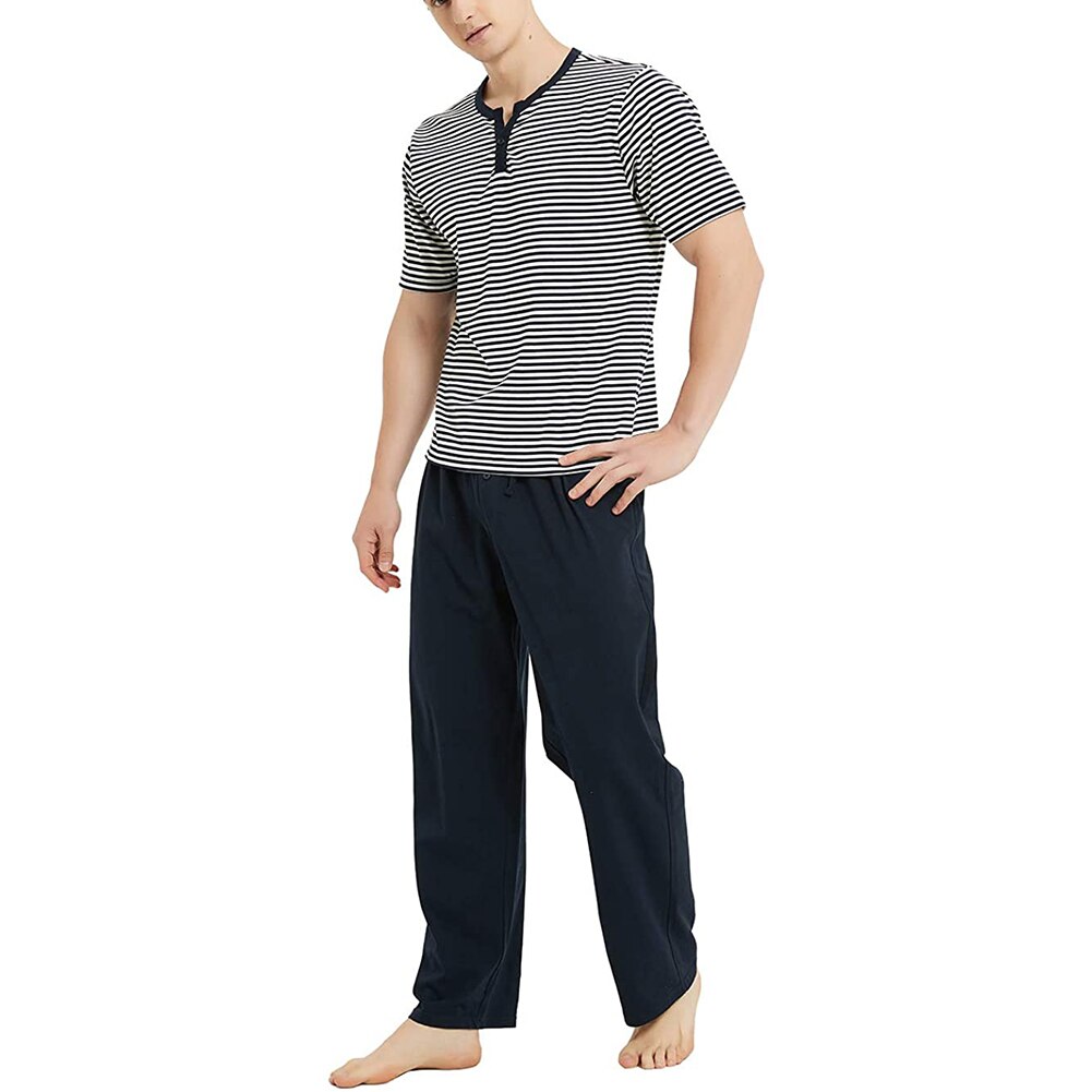 Conjunto de pijamas rayados horizontales para hombre, ropa de dormir de 2 uds, Tops de manga corta a rayas + Pantalones largos sólidos, pantalones sueltos
