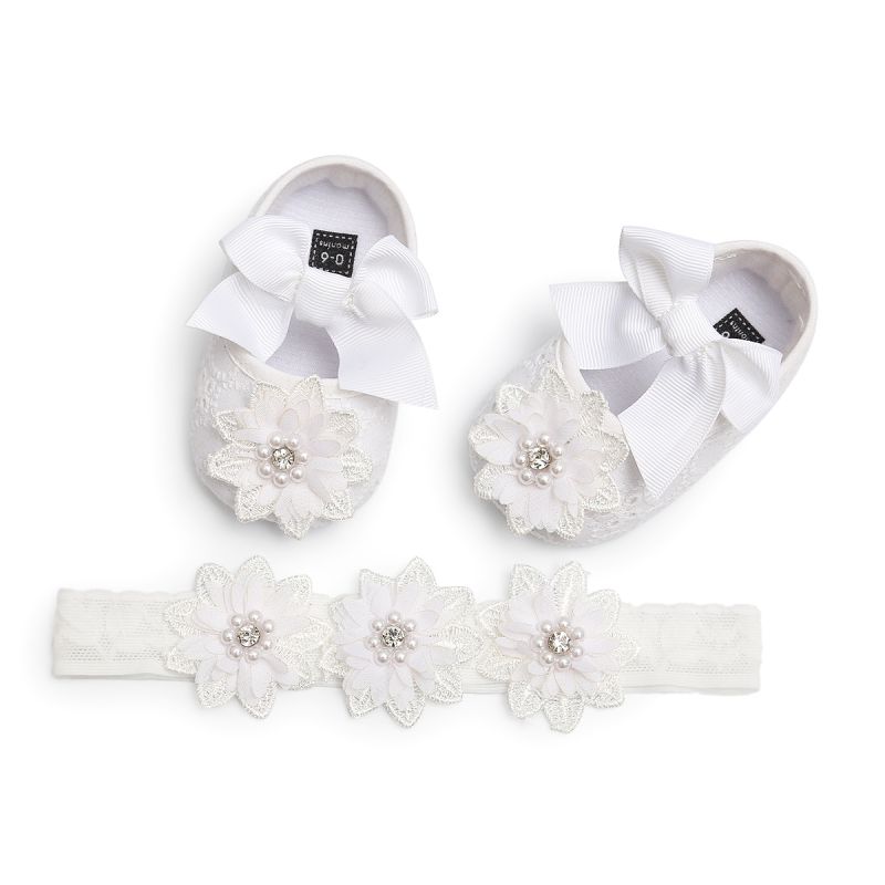 Lente Herfst Peuter Meisje Schoenen Katoen Stof Comfortabele Kant Bloem Lint Parel Strik Prinses Schoenen + Bloemen Hoofdband: WHITE / 0-6 months