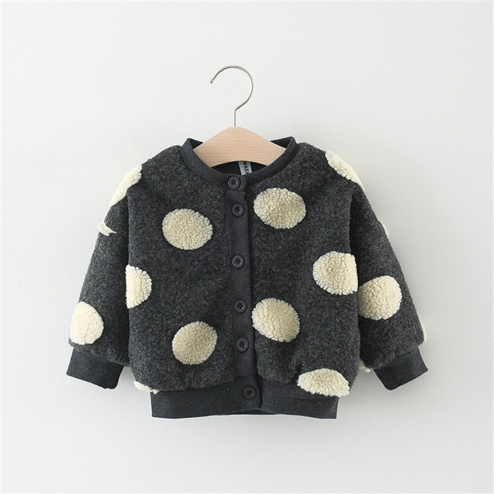WenaZap Kleinkind Kleinkind Baby Mädchen der Herbst Winter Vlies Jacke Rundhals Polka Punkte Tasten Lange Hülse Mantel Oberbekleidung: Schwarz / 3M