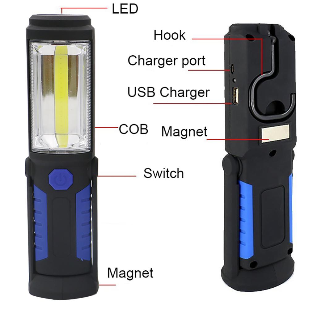 Portable COB LED Flashlight USB Rechargeable Torch Work Light Magnet Emergency Camping Lamp With Built-in Battery Magnet Hook