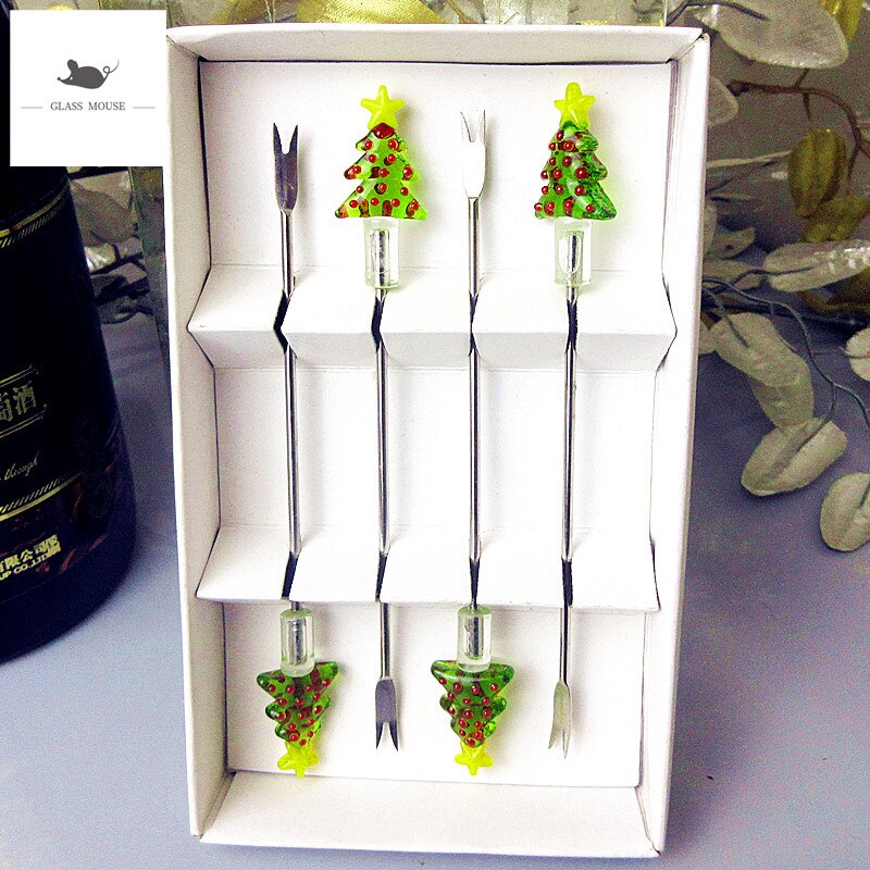 Handgemaakte Murano Glas Kerstboom Beeldje Fruit Vork Set Miniatuur Servies Rvs Cocktail Cake Dessert Sticks