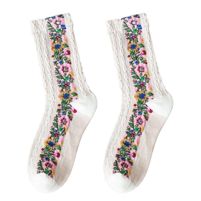 Calze da donna in stile etnico calze a tubo medio Jacquard Vintage ▾ calze da ricamo in cotone calze da donna per dormire a casa telecamera da letto femminile Sox: bianca