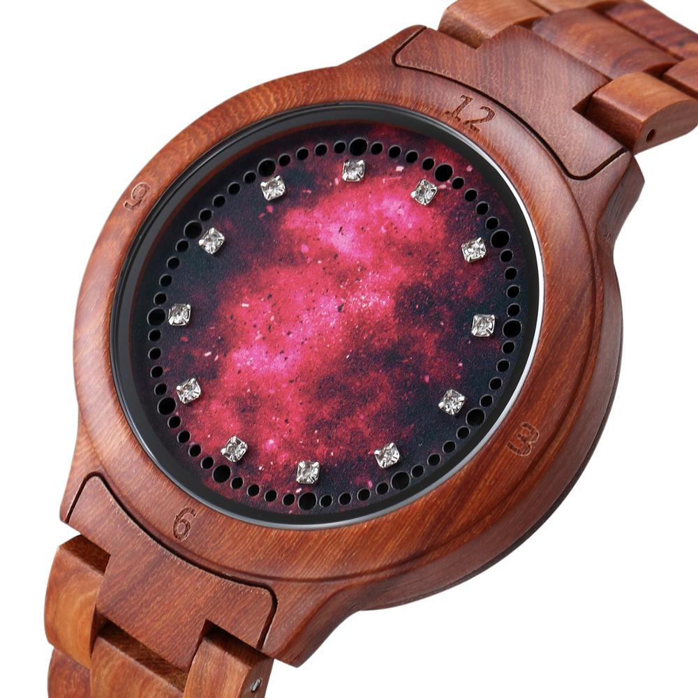 Red sandalwood LED Light Touch Screen Diamond Dial Wooden Watch Red Starry Sky Surface Luminous Watch Relogio Masculino