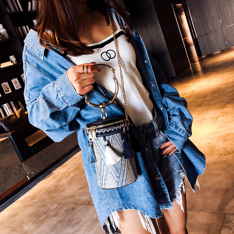 Quaste Frauen Armbänder Eimer Metall Ring Griff Tragetaschen Schulter Ketten Umhängetaschen Nationalen Striped Zipper Weibliche Handtasche