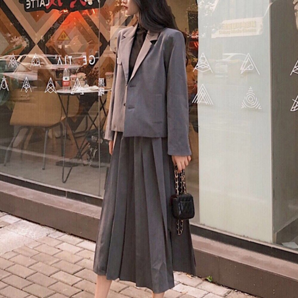 Alta qualidade outono coreano ol duas peças conjunto feminino casual blazer casaco + cordão saia plissada ternos senhoras 2 peça conjunto