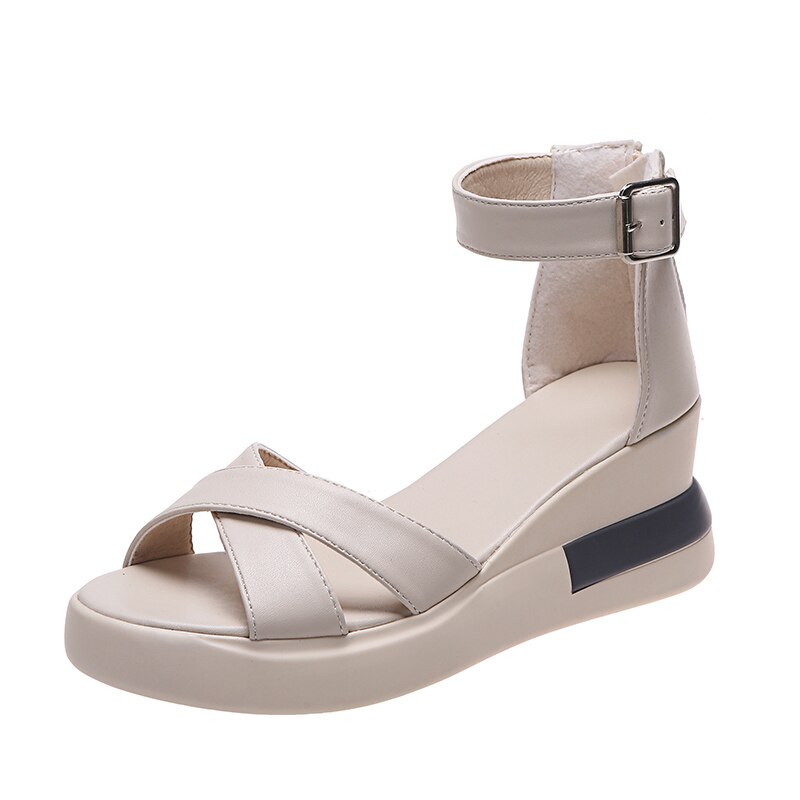 Zapatos de cuña para Mujer, Sandalias de tacón alto con punta abierta de Color sólido, informales, con correa de hebilla, a la , de verano: Beige / 38