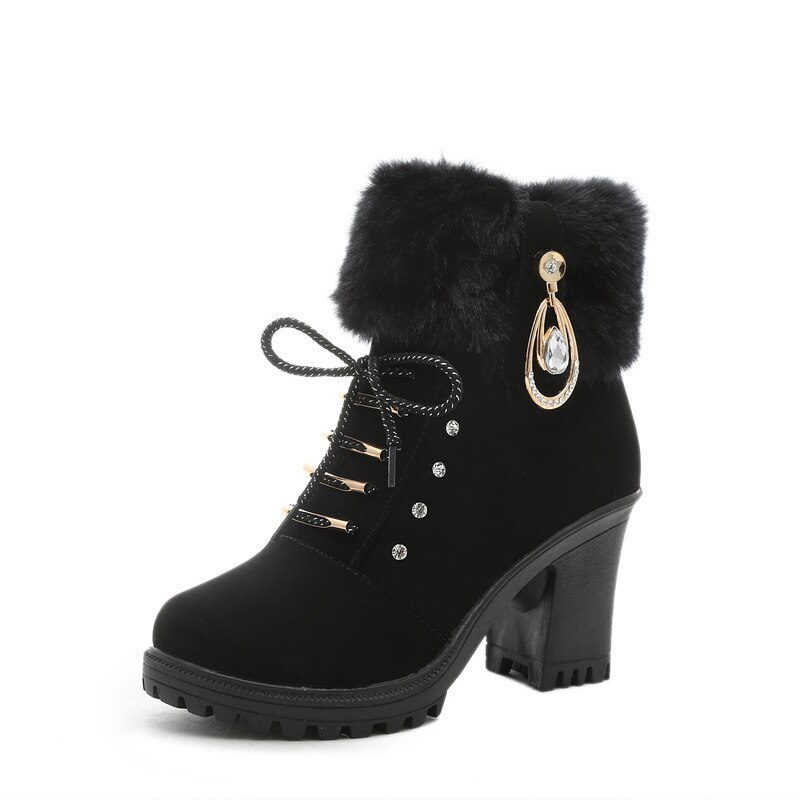 Chaussures d'hiver à talons hauts femmes bottes d'hiver femmes bottes à talons hauts en peluche chaussures de fourrure chaude dames cheville Botas cristal: Black / 5
