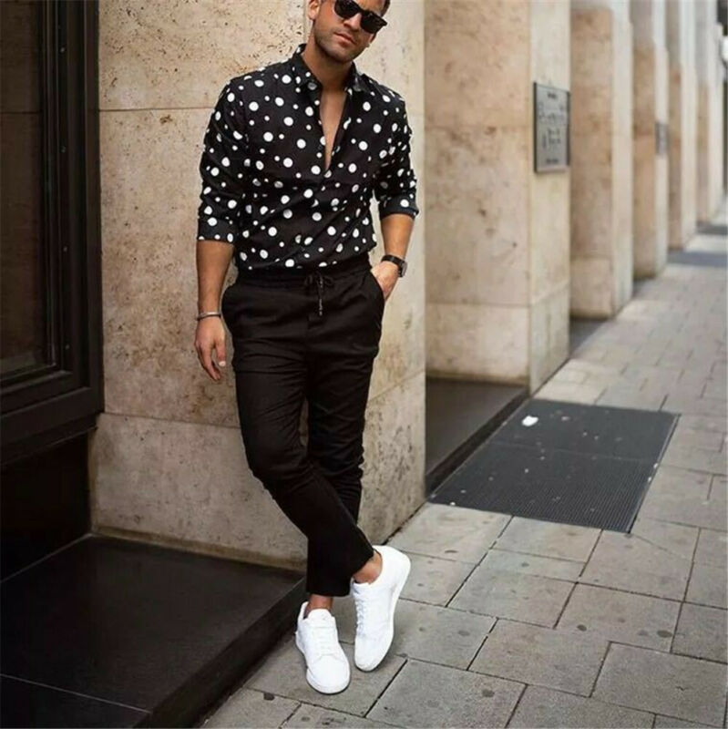 Men's Polka Dot Printed Long Sleeve Party Slim Fit Shirt Causal Tops Shirts 3XL