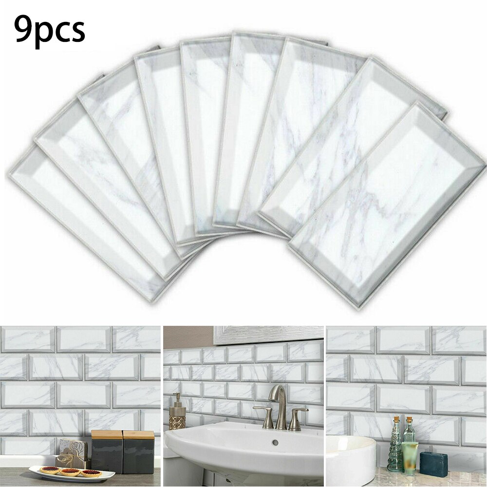 9pcs/set Wall Stickers White Marble Bricks Adhesive Bathoom Kitchen Wall Tile Stair Sticker 20x10cm Practical