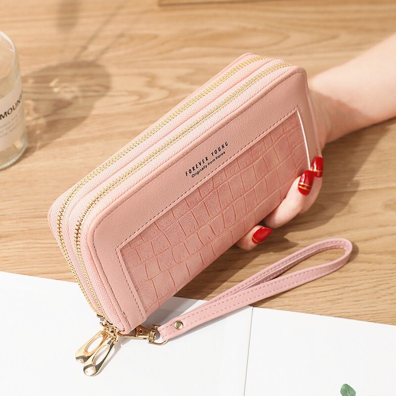 Ladies Wallet Long Zipper Korean Student Stone Pattern Purse Large Capacity Clutch Soft wallet Mobile Phone Bag Red Card: Double  light pink