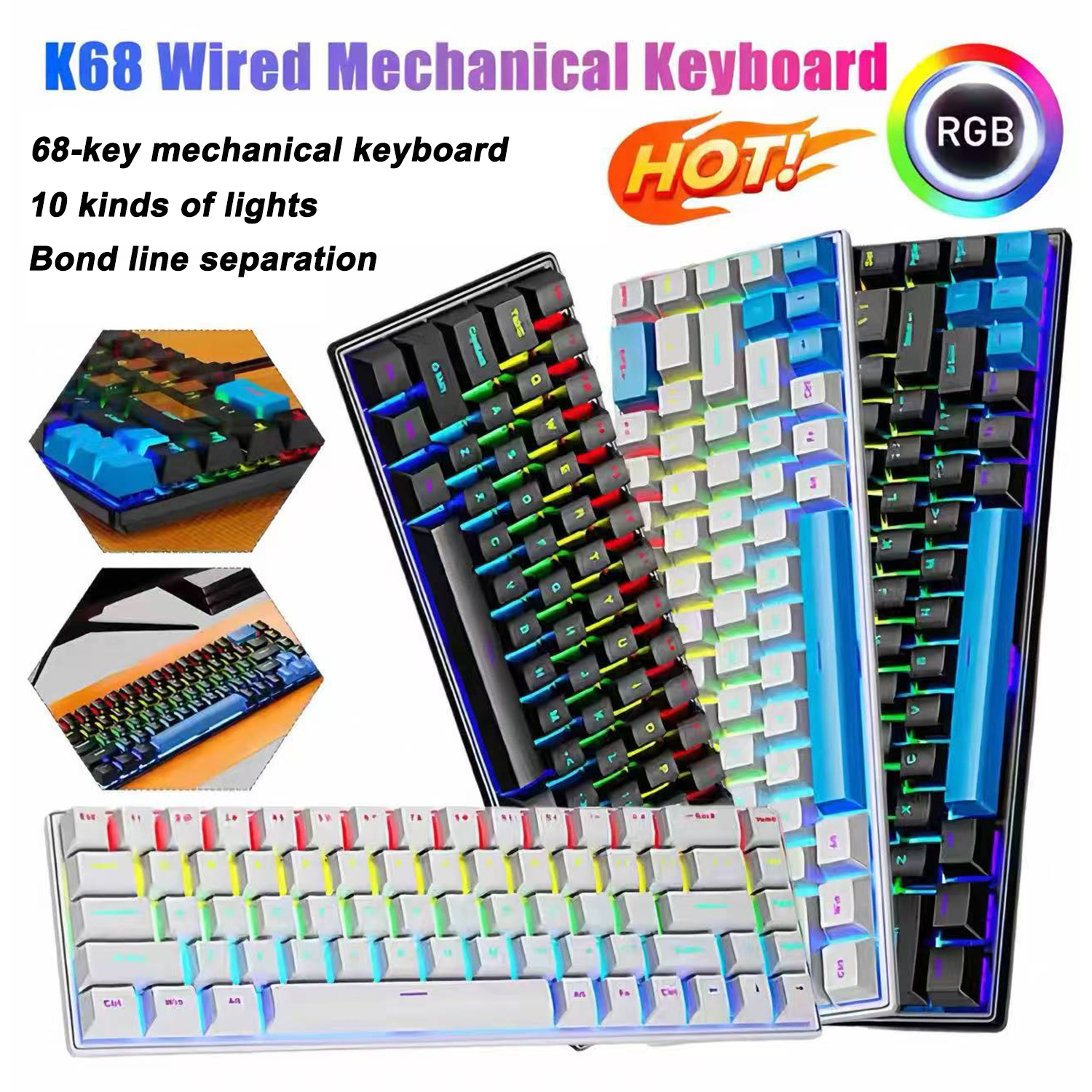 68 Keys Mechanical Keyboard RGB Backlight Wired Gaming Keyboard Ergonomic Swappable Keyboard for Win/Mac/PC Office Computer