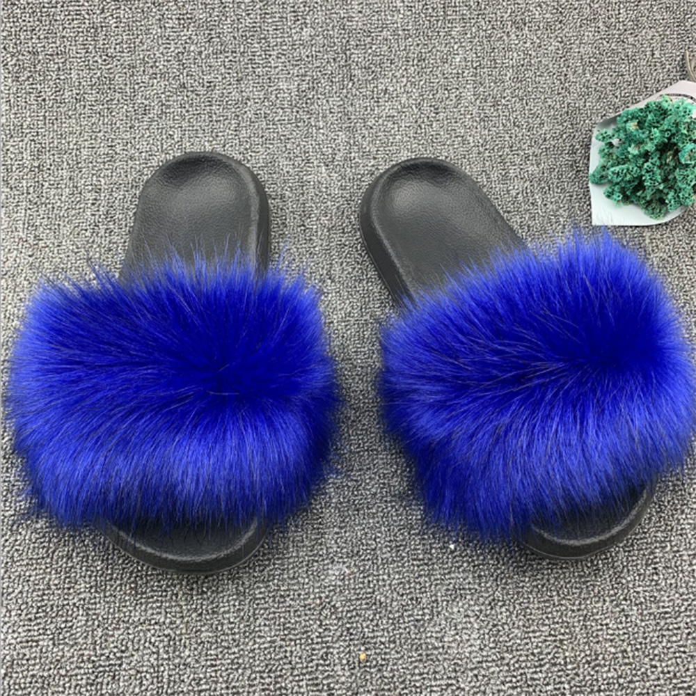 Imitatie Vossenbont Slippers Faux Furry Fluffy Slippers Vrouwen Slides Sandalen Indoor Schoenen Voor Vrouwelijke Slip Op Slippers d30: Blauw / US 6-7
