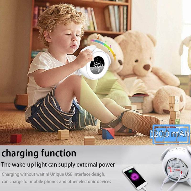 Kids Alarm Clock Press Control Night Light for Bedrooms, Multiple Alarm Sounds Sunrise and Sunset Simulation, Snooze Function Wa