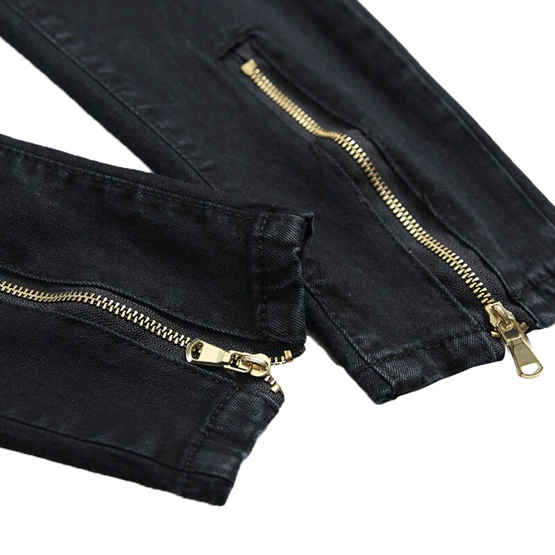 Men Ripped Slim Fit Ankle Zipper Jeans Stretch Feet Denim Pants