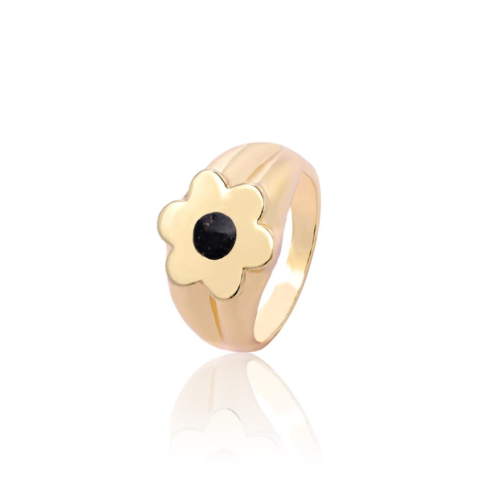 Flatfoosie Neue Koreanische Blume Metall Ringe für Frauen modisch Gold Farbe Emaille Blume Geometrische Index Finger Ringe Partei Schmuck: 010304BK