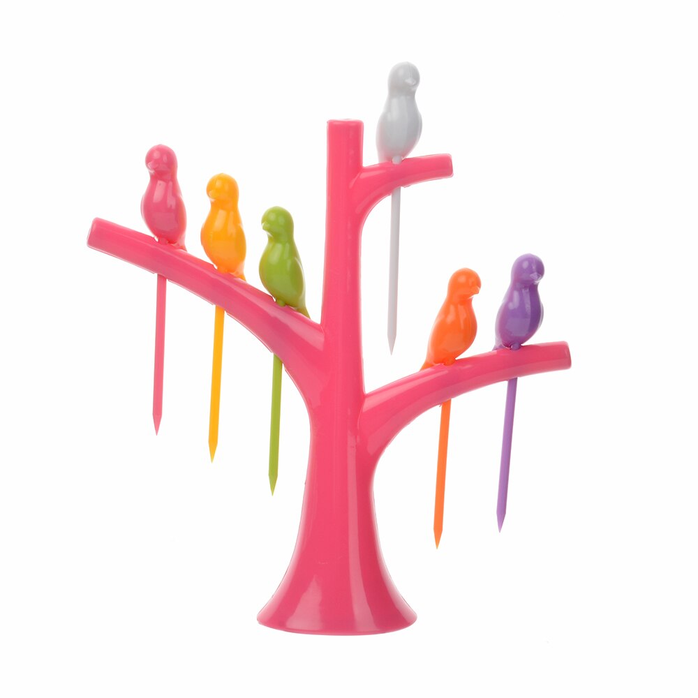 Fourchettes à fruits en plastique | Service de vaisselle, motif d'arbre + d'oiseaux créatifs, 1 support + 6 fourchettes, fourchette à légumes, outils pour fruits et légumes