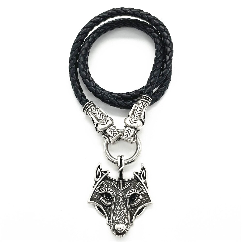 Zwarte Ogen Wolf Hoofd Hanger Viking Wolven Heads Lederen Collier Heidense Wicca Talisman Sieraden