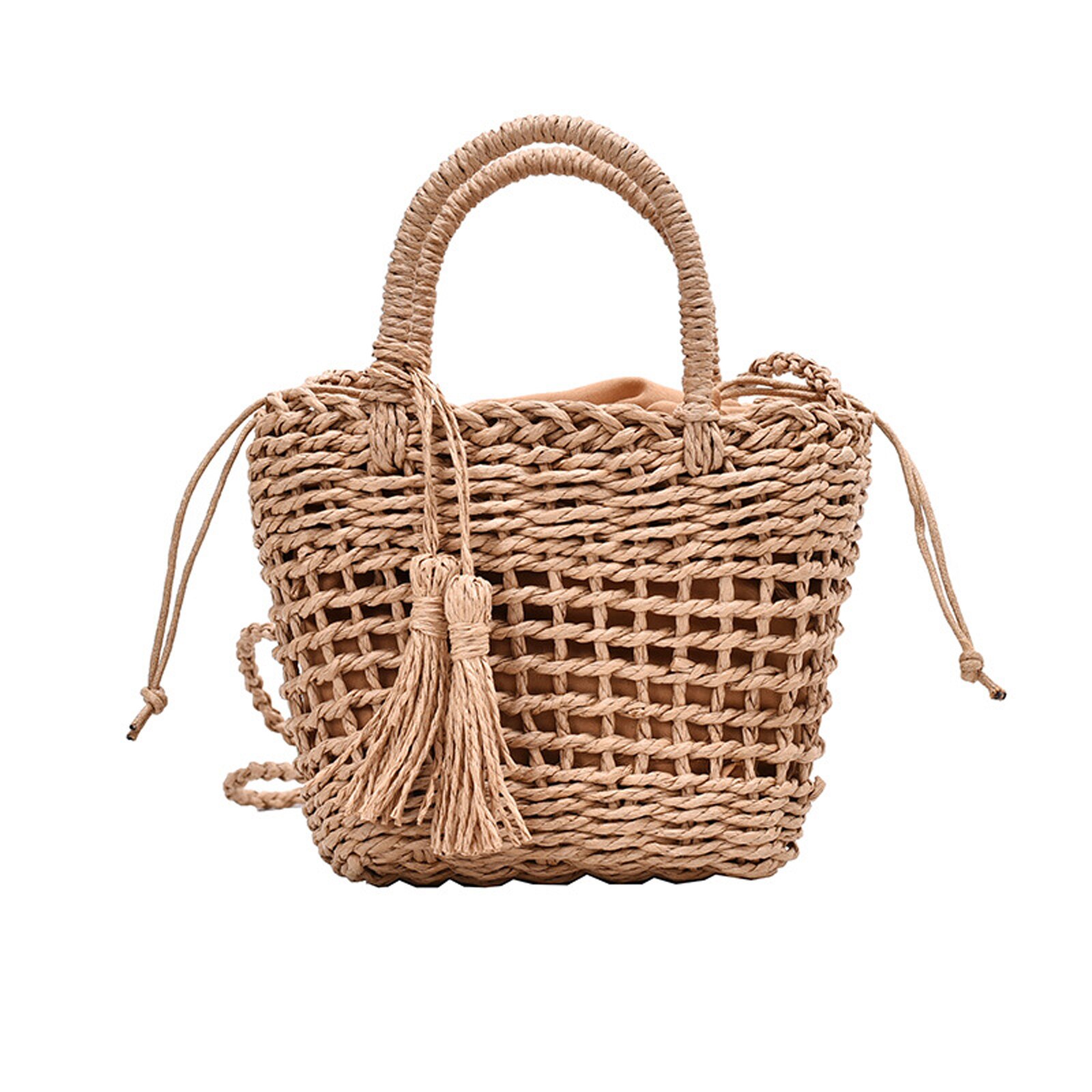 Handwoven Stro Rotan Strand Handtas Vrouwen Meisjes Zomer Hollow Out Crossbody Schoudertas Met Strik Kant Kwasten: D