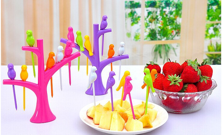 6 stücke + 1 Stand VöGel Baum bilden Obst Gabel Kunststoff Gemüse Gabel Obst Snack Nachtisch Gabeln Halfter Für Party