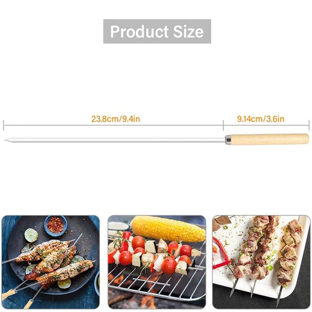 20 Pcs Grill Skewers with Wood Handle Stainless Steel Flat Grilling Kabob Sticks Reusable BBQ Barbecue Skewers Set for Meat